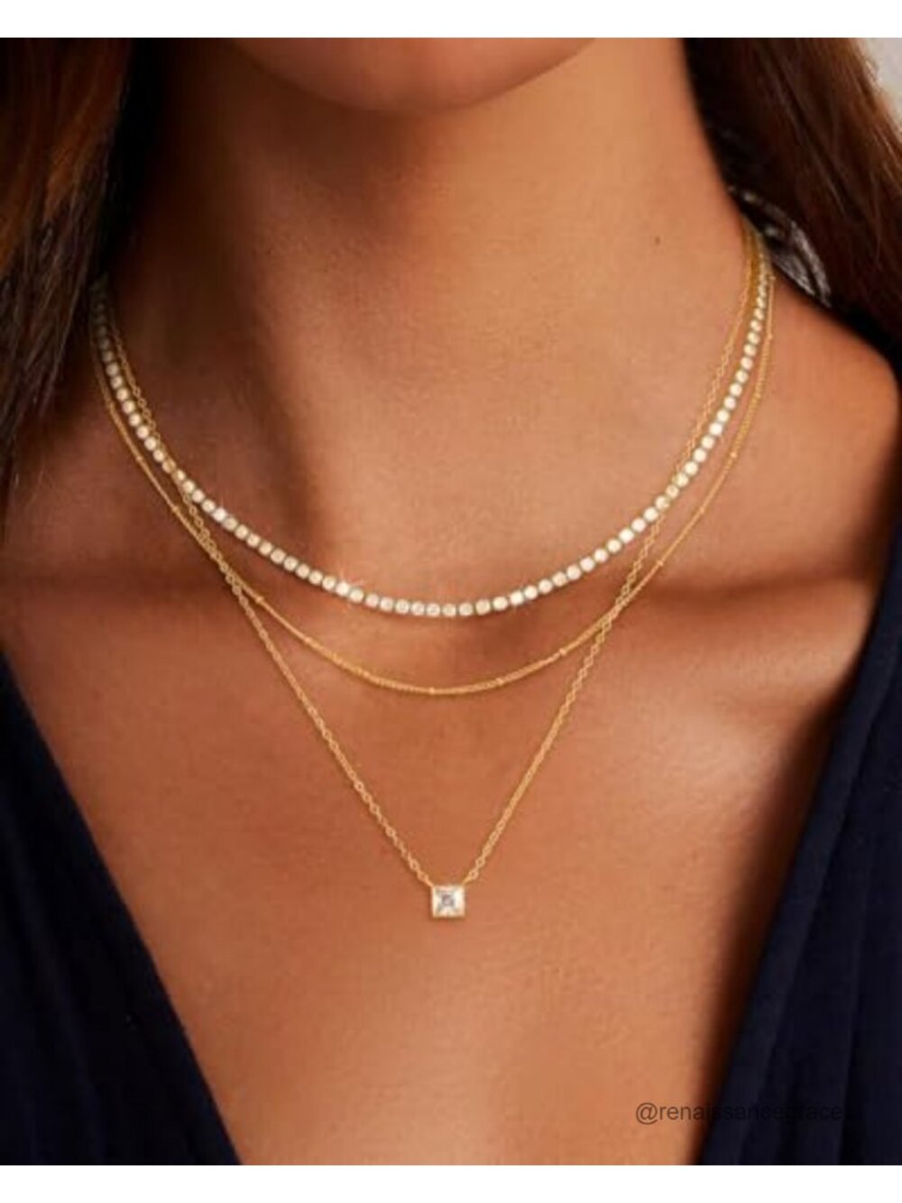14K Gold Plated Layered Pendant Necklace Set with Cubic Zirconia
